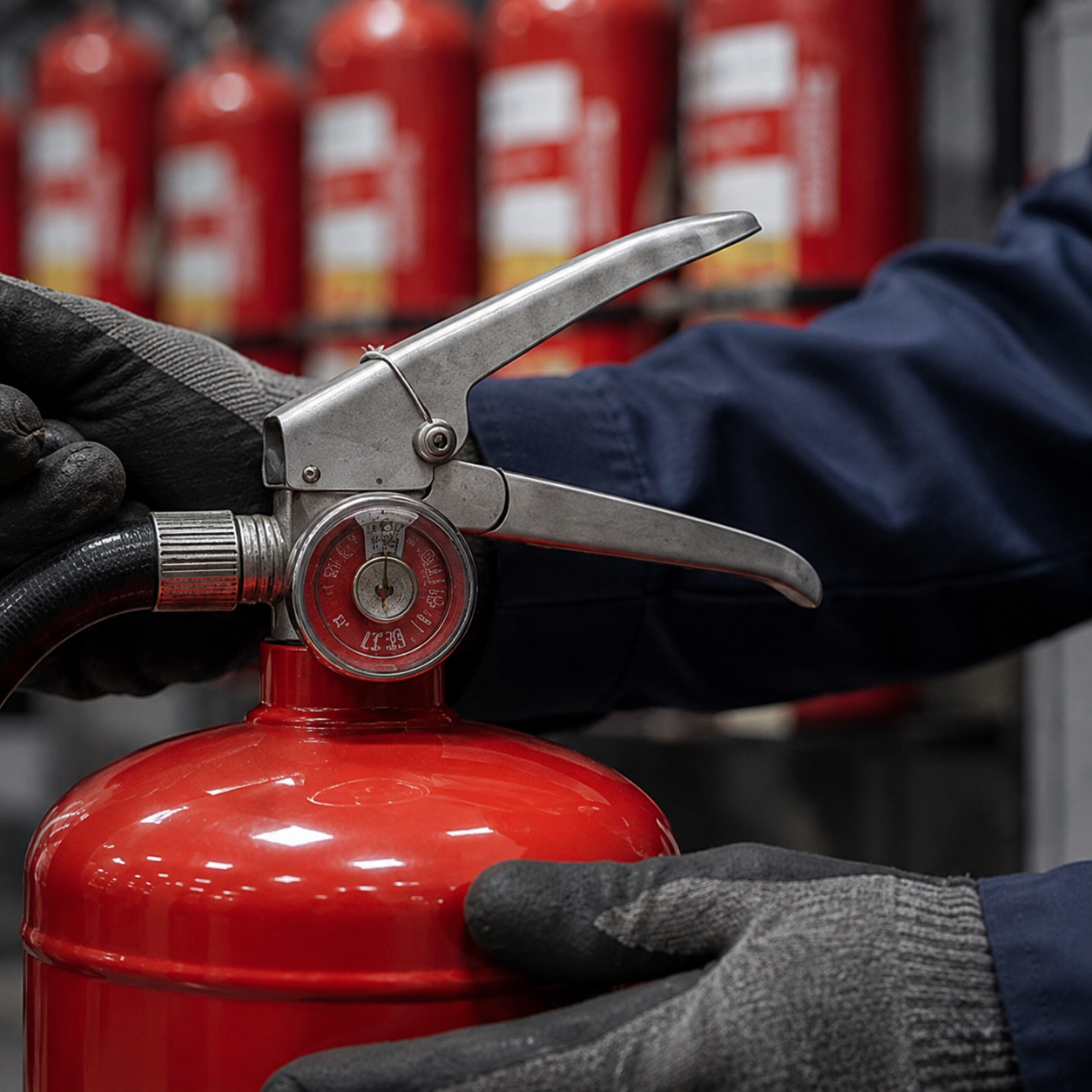 Técnico inspeccionando un extintor