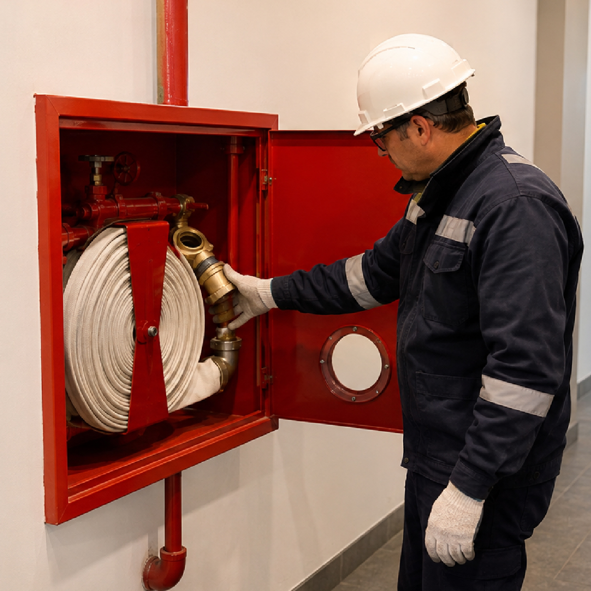Técnico realizando la mantención de una red húmeda contra incendios